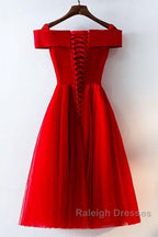 Cute A-Line Off Shoulder Short Red Lace Prom Dress Short Red Bridesmaid Dress Graduation Dress