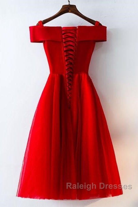 Cute A-Line Off Shoulder Short Red Lace Prom Dress Short Red Bridesmaid Dress Graduation Dress