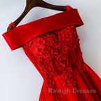 Cute A-Line Off Shoulder Short Red Lace Prom Dress Short Red Bridesmaid Dress Graduation Dress