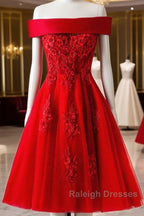 Cute A Line Off Shoulder Short Red Lace Prom Dresses, Short Red Bridesmaid Dresses, Graduation Dresses