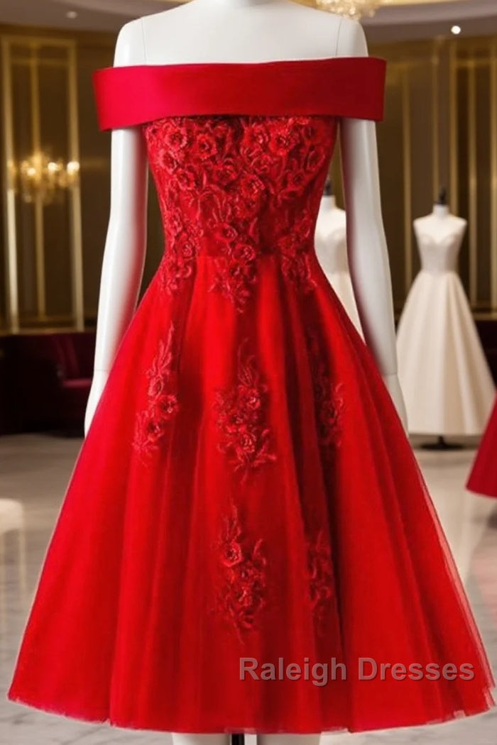 Cute A-Line Off Shoulder Short Red Lace Prom Dress Short Red Bridesmaid Dress Graduation Dress