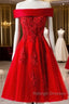 Cute A-Line Off Shoulder Short Red Lace Prom Dress Short Red Bridesmaid Dress Graduation Dress