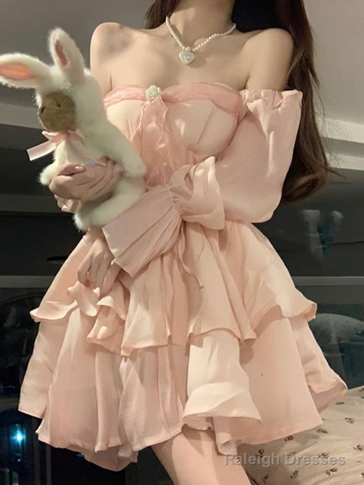 Cute A Line Off The Shoulder Chiffon Pink Short Birthday Dresses Birthday Outfits