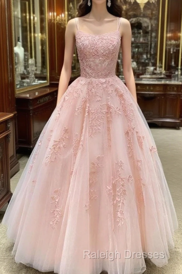 Cute A-Line Pink Lace Appliques Lace Prom Dresses Main image