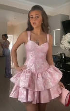 Cute A-Line Pink Straps Short Summer Birthday Dresses Hoco Dresses Birthday Outfit 19Th Birthday Mini Prom Dress