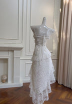 Cute A-Line Spaghetti Strap Tiered Pearl White Lace Prom Dresses Prom Dresses