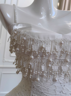 Cute A-Line Spaghetti Strap Tiered Pearl White Lace Prom Dresses Prom Dresses