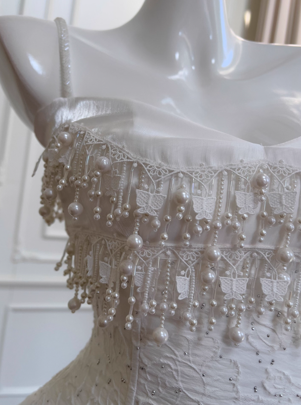 Cute A-Line Spaghetti Strap Tiered Pearl White Lace Prom Dresses Prom Dresses