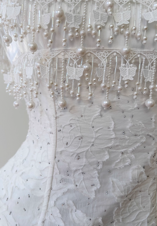 Cute A-Line Spaghetti Strap Tiered Pearl White Lace Prom Dresses Prom Dresses