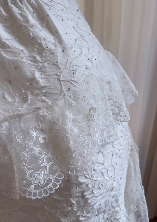 Cute A-Line Spaghetti Strap Tiered Pearl White Lace Prom Dresses Prom Dresses