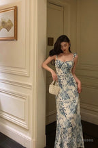 Cute A Line Spaghetti Straps Mid Length Floral Blue Prom Dresses Birthday Outfits