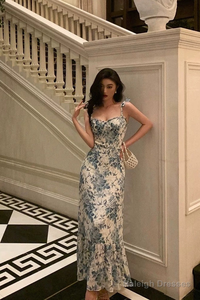 Cute A Line Spaghetti Straps Mid Length Floral Blue Prom Dresses Birthday Outfits Main image