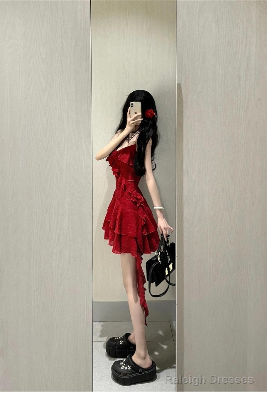 Cute A-Line Spaghetti Straps Red Short Ruffles Skirt Birthday Dress Birthday Outfits
