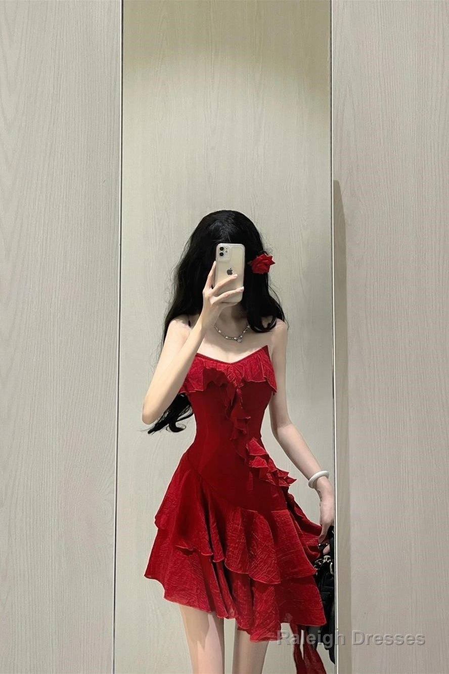 Cute A-Line Spaghetti Straps Red Short Ruffles Skirt Birthday Dress Birthday Outfits