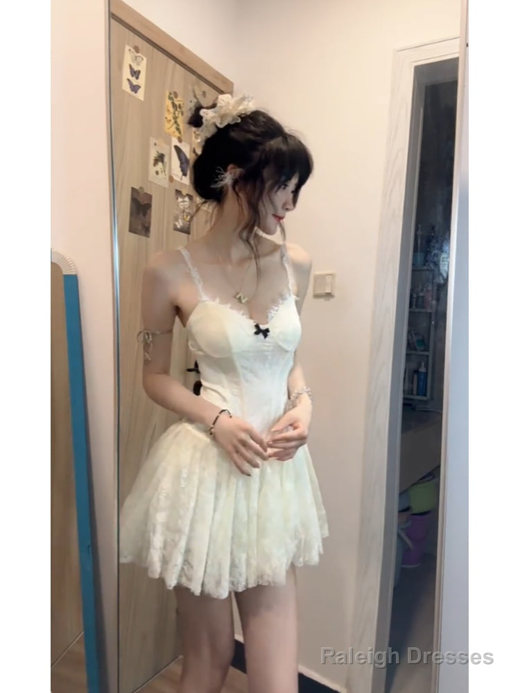 Cute A Line Spaghetti Straps White Lace Short 2 Pieces Dresses Party Dress Birthday Outfits Secondary image