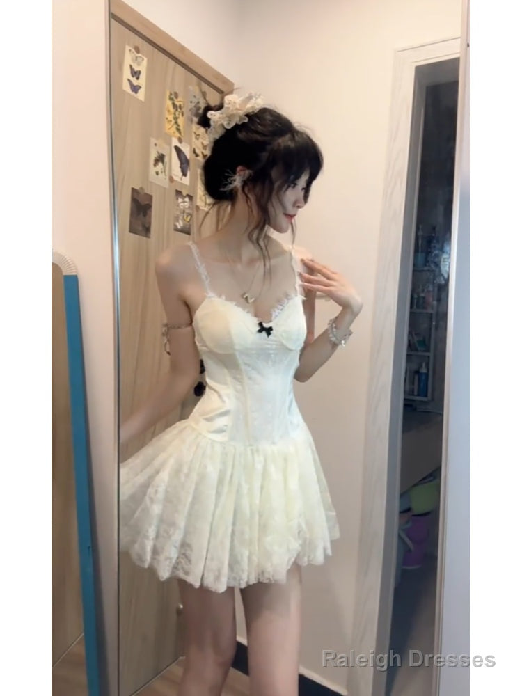Cute A Line Spaghetti Straps White Lace Short 2 Pieces Dresses Party Dress Birthday Outfits Main image