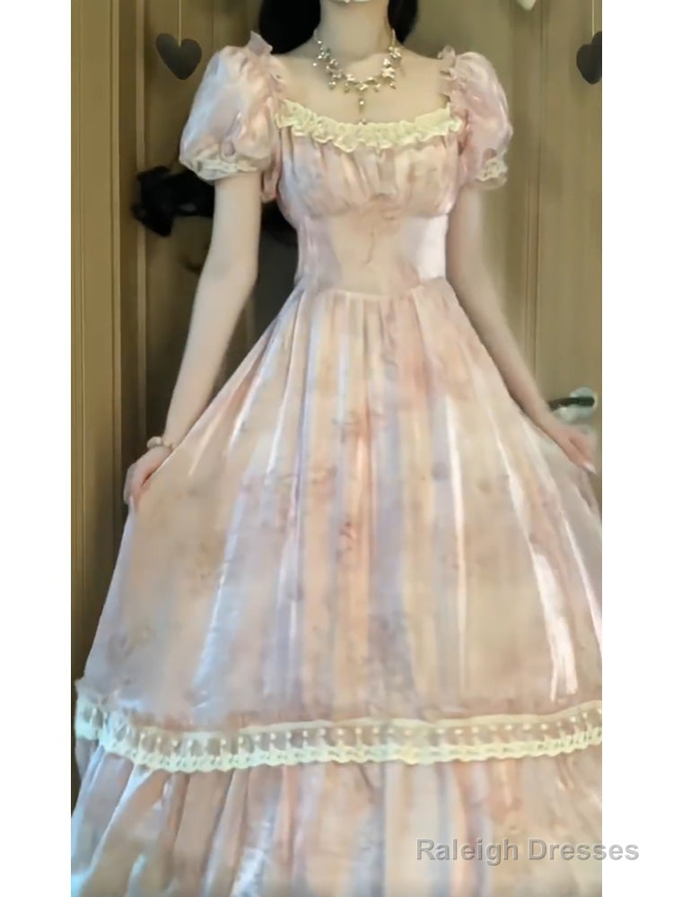 Cute A Line Square Neckline Pink Lace Long Prom Dresses Night Dress Birthday Outfits