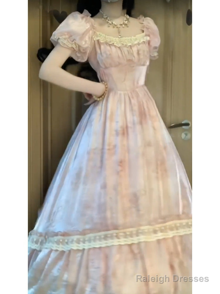 Cute A Line Square Neckline Pink Lace Long Prom Dresses Night Dress Birthday Outfits