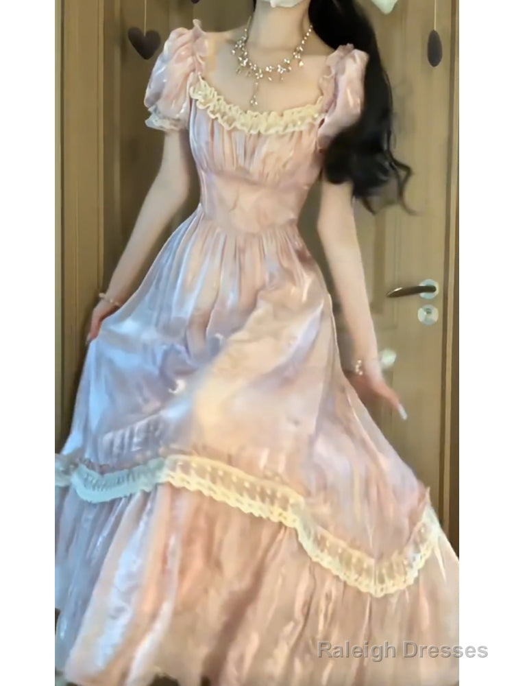 Cute A Line Square Neckline Pink Lace Long Prom Dresses Night Dress Birthday Outfits