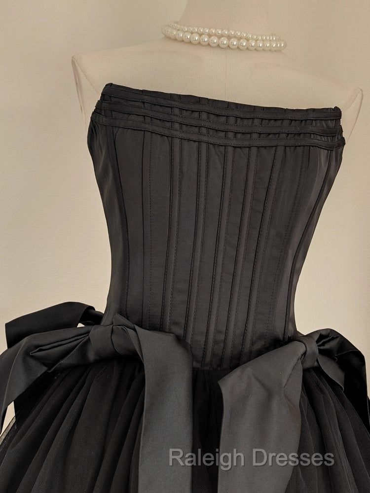 Cute A Line Strapless Black Travel Vacation Dresses Short Satin Birthday Dress