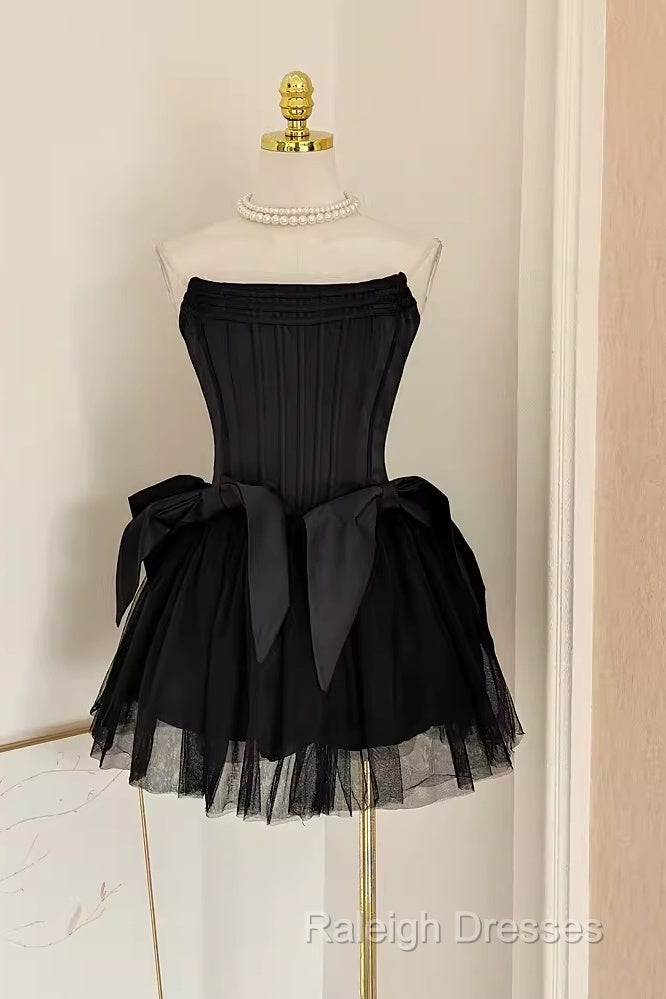 Cute A Line Strapless Black Travel Vacation Dresses Short Satin Birthday Dress