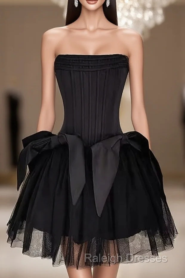 Cute A Line Strapless Black Travel Vacation Dresses Short Satin Birthday Dress Main image