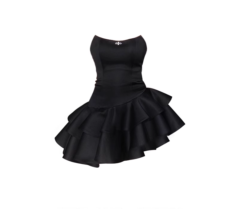 Cute A-Line Strapless Black Vacation Dress Short Satin Birthday Dresses