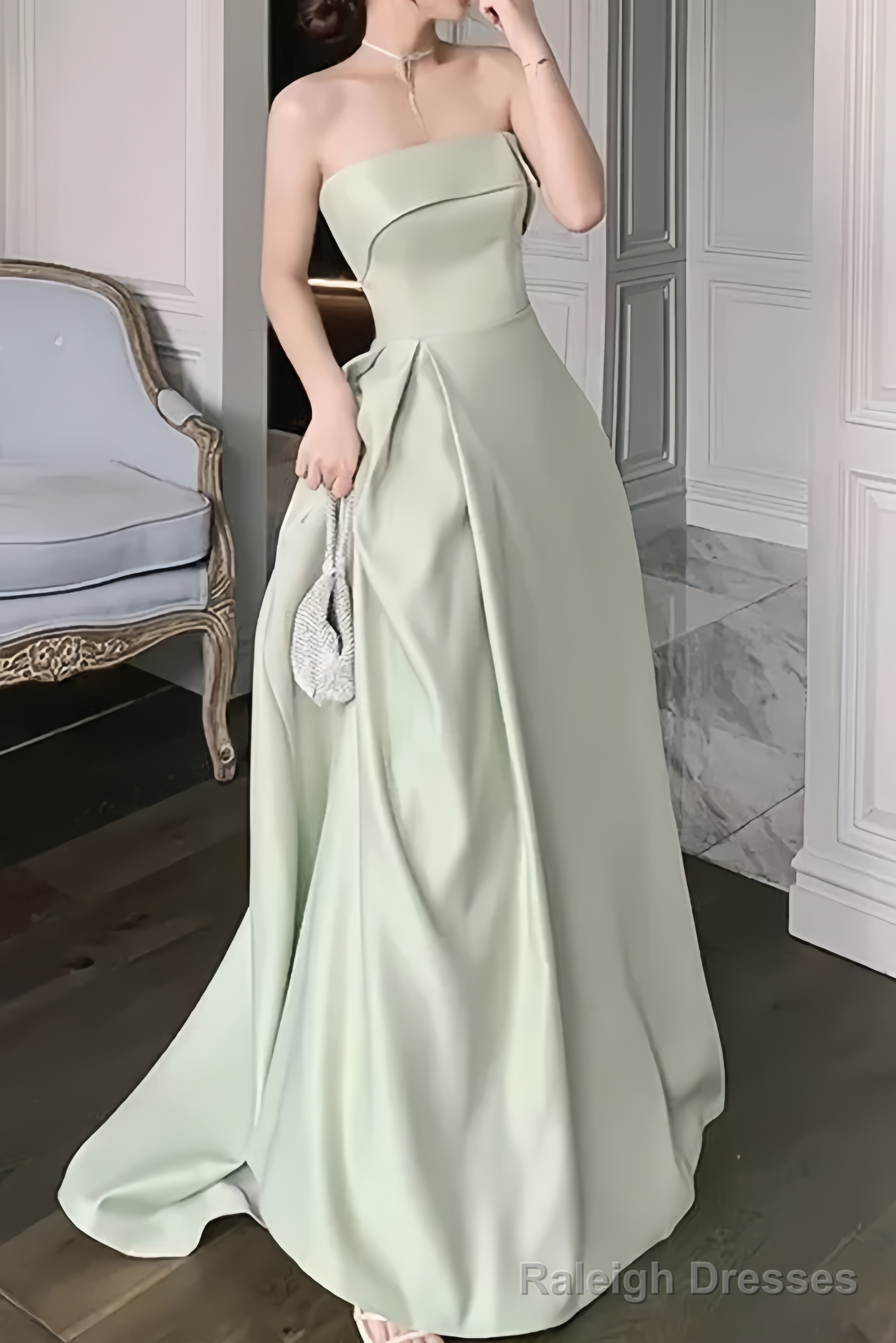 Cute A line Strapless Long Length Mint Green Prom Dresses Satin Birthday Dress Main image