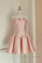 Cute A Line Strapless Pink Satin Travel Vacation Dresses Short Birthday Dress