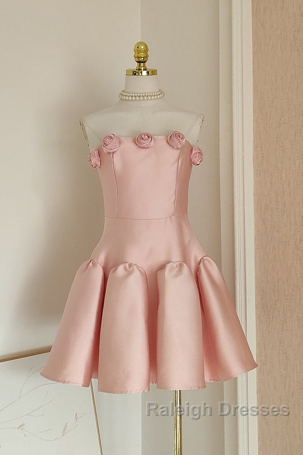 Cute A Line Strapless Pink Satin Travel Vacation Dresses Short Birthday Dress