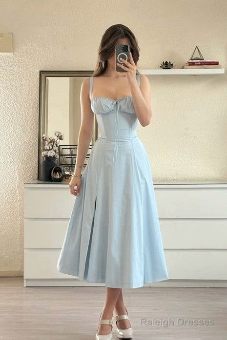 Cute A Line Straps Blue Tea Length Prom Dresses Summer Birthday Dress Main image