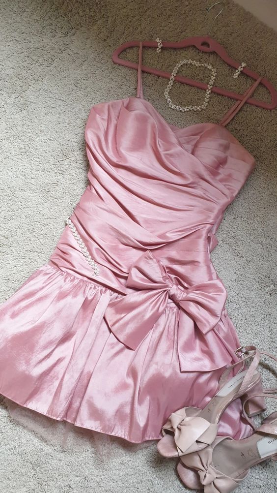 Cute A-Line Straps Pink Satin Homecoming Dress Short Birthday Dresses With Bow