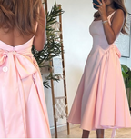 Cute A-Line Straps Pink Satin Tea Length Prom Dresses With Bow