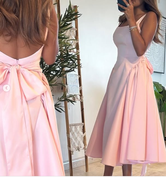 Cute A-Line Straps Pink Satin Tea Length Prom Dresses With Bow