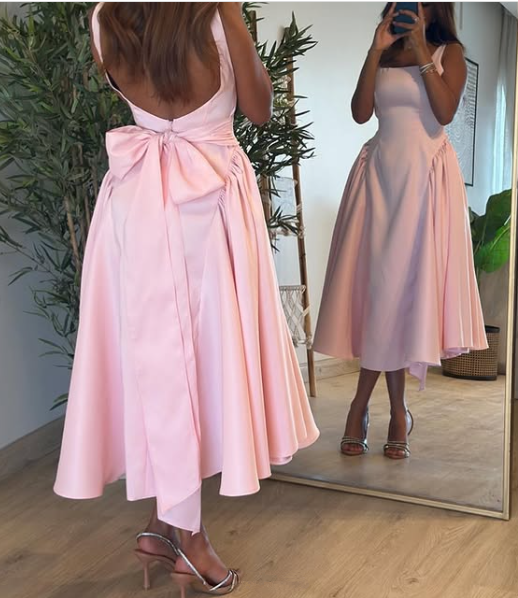 Cute A-Line Straps Pink Satin Tea Length Prom Dresses With Bow