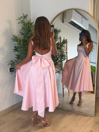 Cute A-Line Straps Pink Satin Tea Length Prom Dresses With Bow