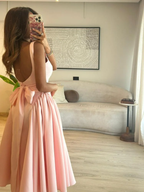 Cute A-Line Straps Pink Satin Tea Length Prom Dresses With Bow