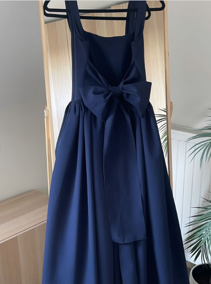Cute A-Line Straps Pink Satin Tea Length Prom Dresses With Bow