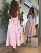 Cute A-Line Straps Pink Satin Tea Length Prom Dresses With Bow