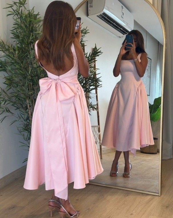 Cute A-Line Straps Pink Satin Tea Length Prom Dresses With Bow