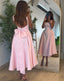 Cute A-Line Straps Pink Satin Tea Length Prom Dresses With Bow