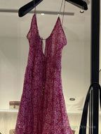 Cute A-Line Straps Ruffled Hot Pink Floor Length Floral Beach Dresses WomenS Vacation Dress