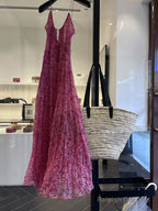 Cute A-Line Straps Ruffled Hot Pink Floor Length Floral Beach Dresses WomenS Vacation Dress