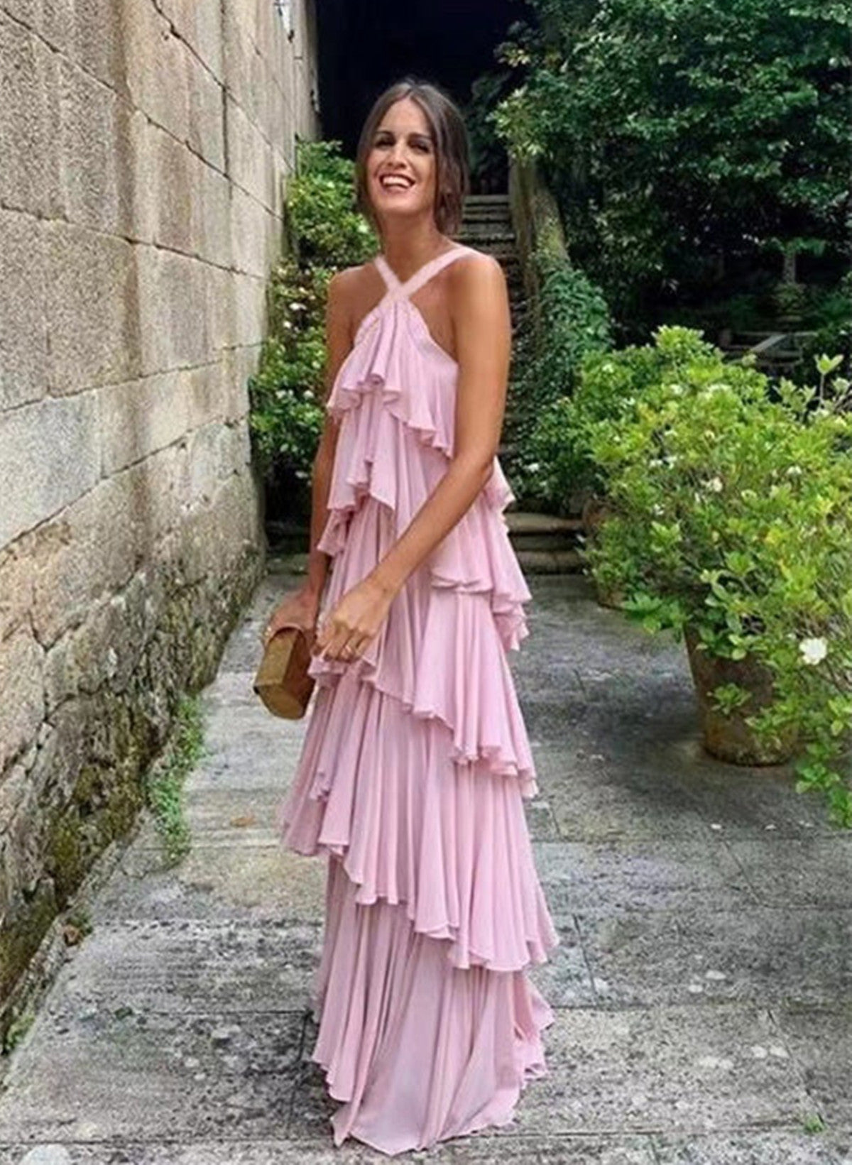 Cute A-Line Straps Tiered Chiffon Long Prom Dresses Pink Bridesmaid Dresses Main image