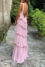 Cute A-Line Straps Tiered Chiffon Long Prom Dresses Pink Bridesmaid Dresses