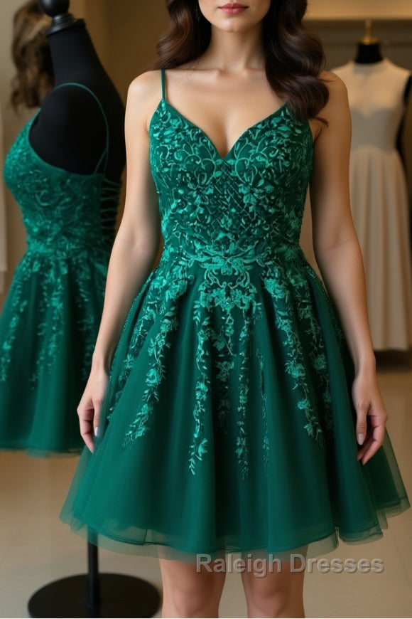 Cute A Line V Neck Backless Green Lace Prom Dress, Short Backless Green Lace Formal Graduation Homecoming Dress Main image