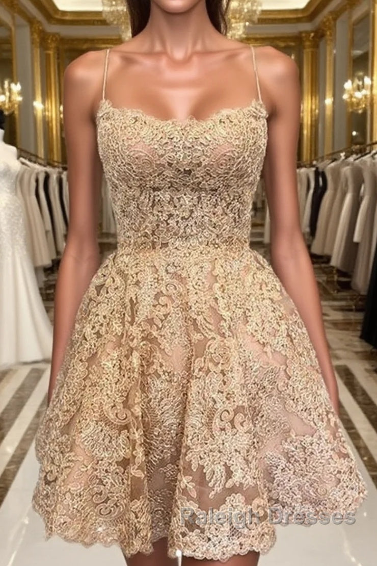 Cute Backless Short Golden Lace Prom Dresses, Golden Lace Homecoming Dresses, Short Golden Formal Evening Dresses Main image