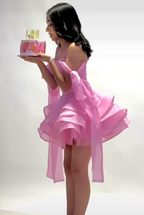 Cute Ball Gowns Off The Shoulder Pink Chiffon Mini Short Prom 8Th Grade Homecoming Dress Summer Middle School Hoco Dresses Homecoming Outfits Birthday Outfit