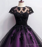 Cute Black And Purple Tulle Short Sleeves Prom Dresses Tulle Short Homecoming Dresses