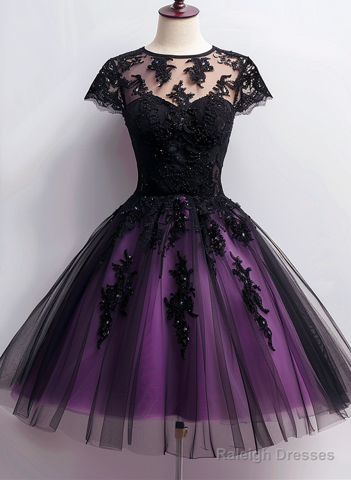 Cute Black And Purple Tulle Short Sleeves Party Dress, Tulle Short Homecoming Dress Main image